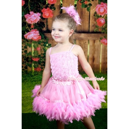 Light Pink Romantic Rose Strap Pettitop With Light Pink Posh Feather Baby Pettiskirt With Accessory 2PC Set MR244 